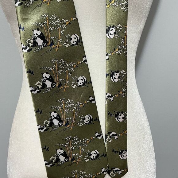 Kai Long Other - Kai Long Green Panda Print Handmade Silk Tie